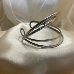 Vintage Silver Tone Modernist Sculptural Open Cuff Bracelet Multi Band Abstract